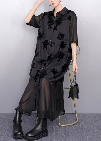 Italian Black Print Tulle Patchwork Blouses Dresses Half Sleeve