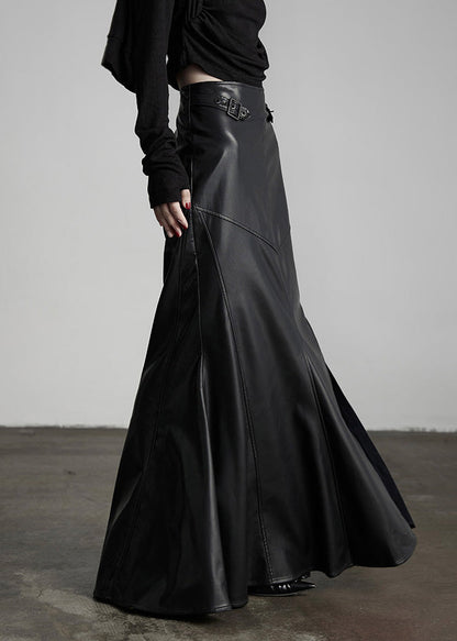 Faldas italianas de piel sintética con remaches negros, cintura alta y patchwork para invierno