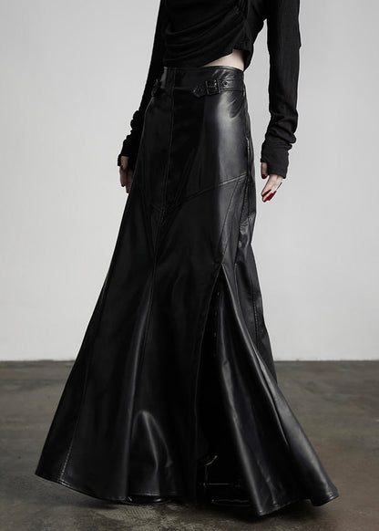 Faldas italianas de piel sintética con remaches negros, cintura alta y patchwork para invierno