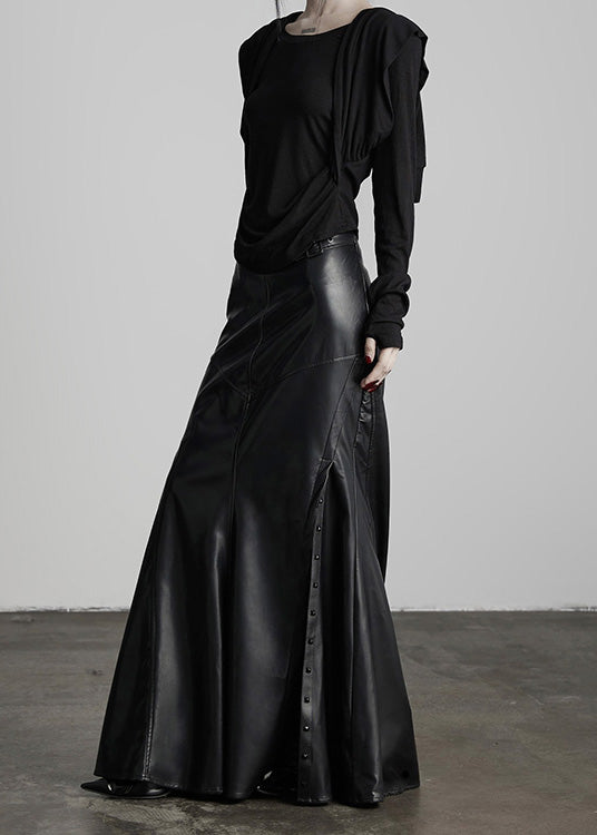 Faldas italianas de piel sintética con remaches negros, cintura alta y patchwork para invierno