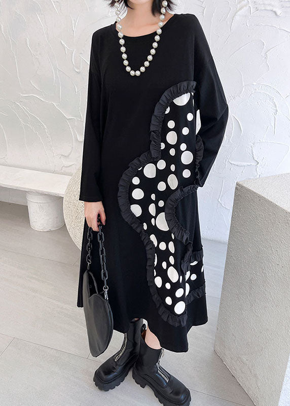 Italienisches schwarzes, gerüschtes Patchwork-Druck-Fall-Knöchelkleid mit langen Ärmeln