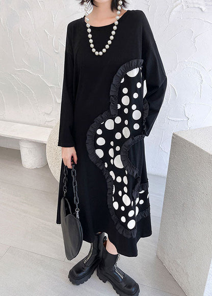 Italienisches schwarzes, gerüschtes Patchwork-Druck-Fall-Knöchelkleid mit langen Ärmeln