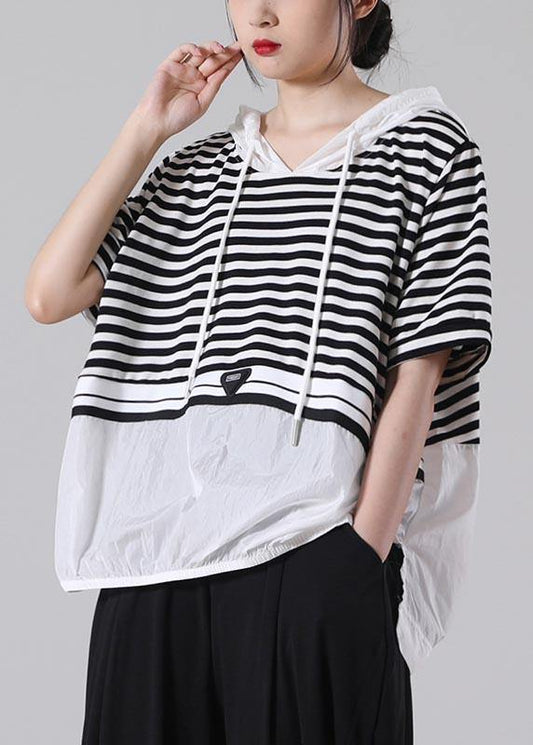 Italian Black Striped hooded Cotton Top Summer - SooLinen