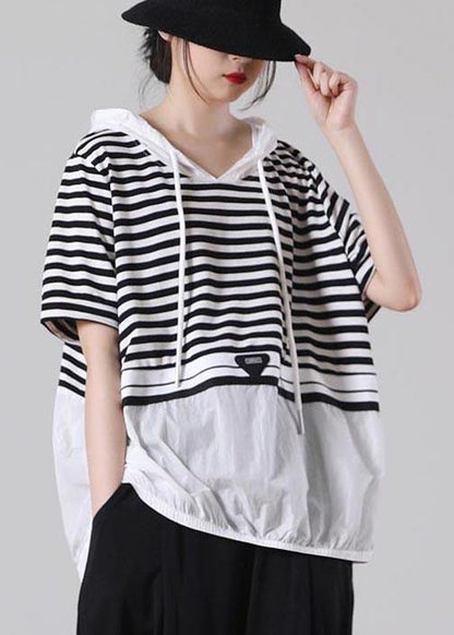 Italian Black Striped hooded Cotton Top Summer - SooLinen