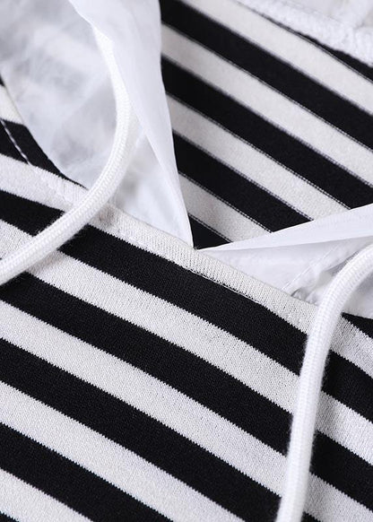 Italian Black Striped hooded Cotton Top Summer - SooLinen