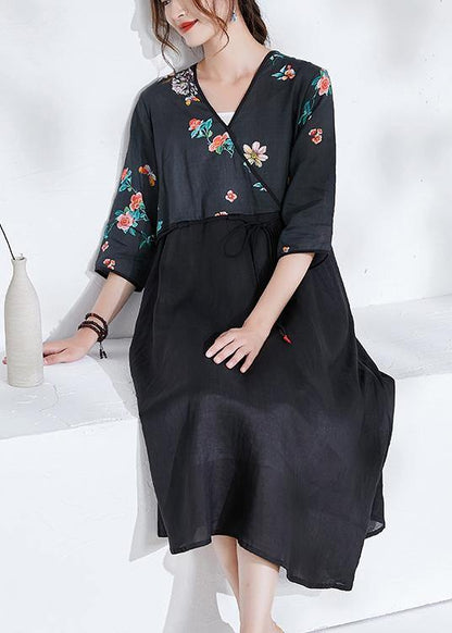 Italian Black Tie Waist Patchwork Print Summer Ramie Shirts - SooLinen