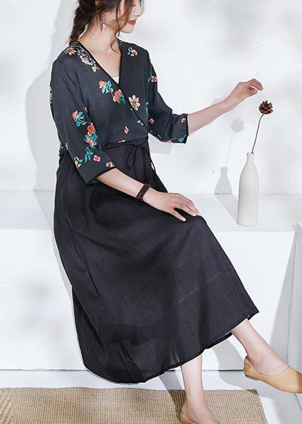 Italian Black Tie Waist Patchwork Print Summer Ramie Shirts - SooLinen