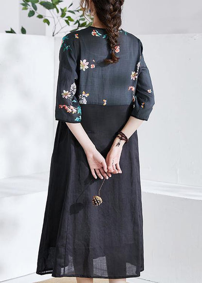 Italian Black Tie Waist Patchwork Print Summer Ramie Shirts - SooLinen