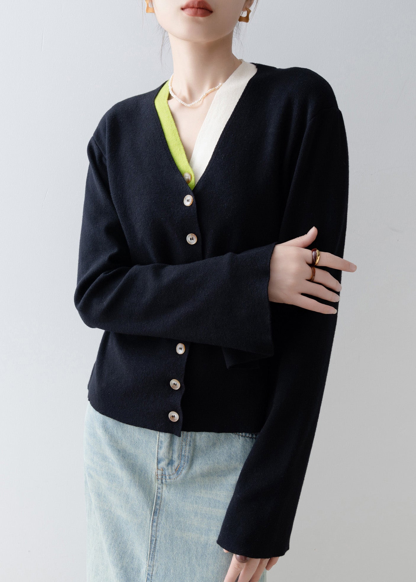 Italian Black V Neck Patchwork False Two Pieces Knit Cardigan Spring