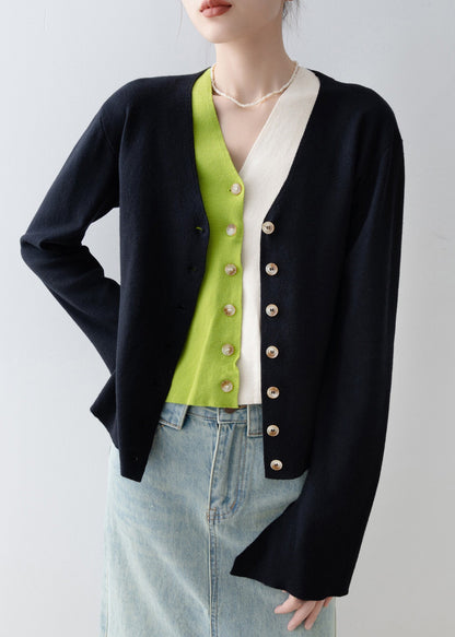 Italian Black V Neck Patchwork False Two Pieces Knit Cardigan Spring