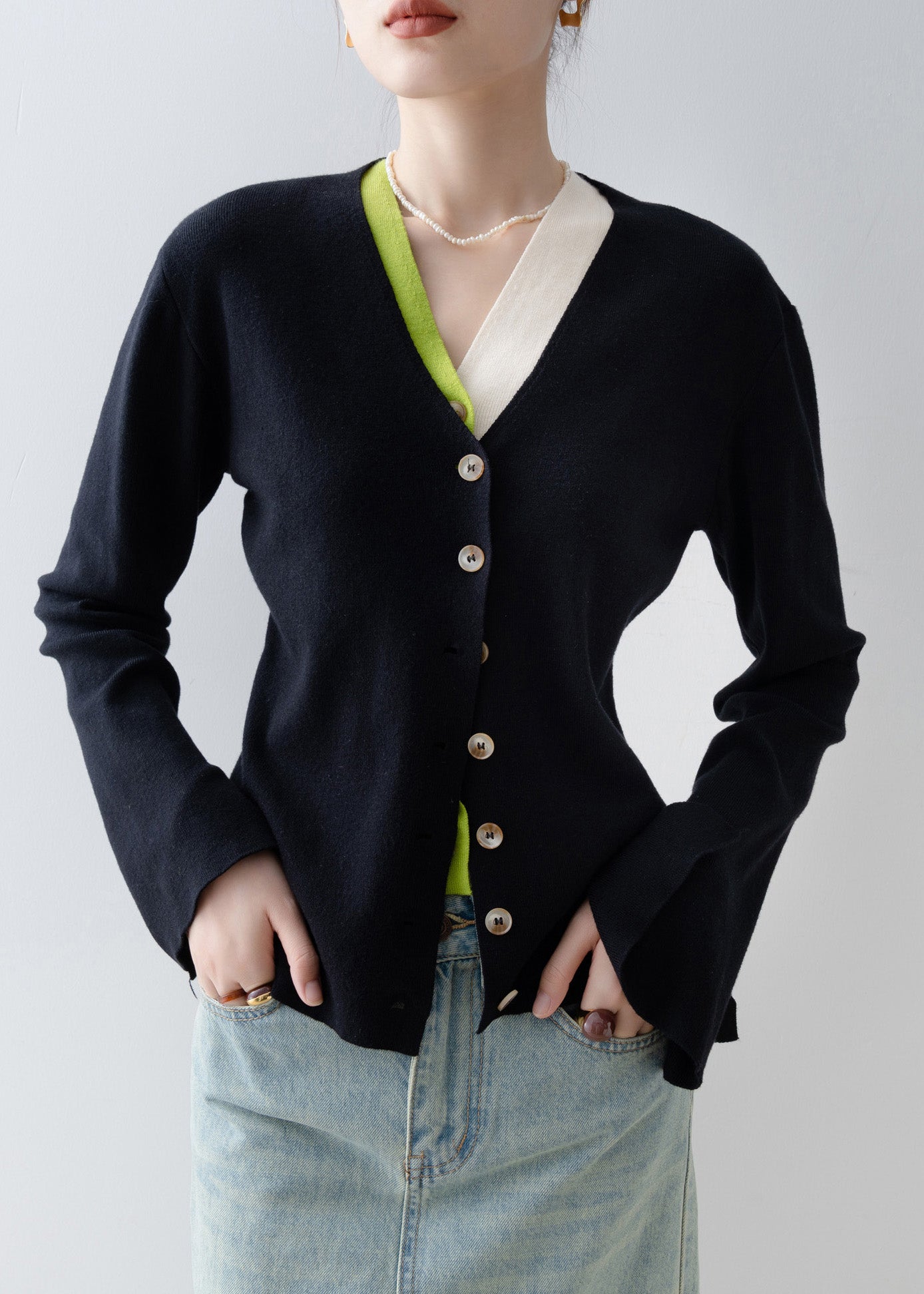 Italian Black V Neck Patchwork False Two Pieces Knit Cardigan Spring