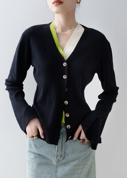 Italian Black V Neck Patchwork False Two Pieces Knit Cardigan Spring