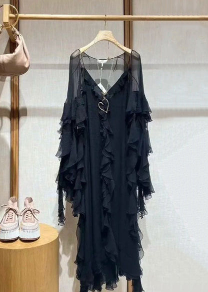 Conjunto italiano de dos piezas liso con cuello en V y volantes en color negro para primavera