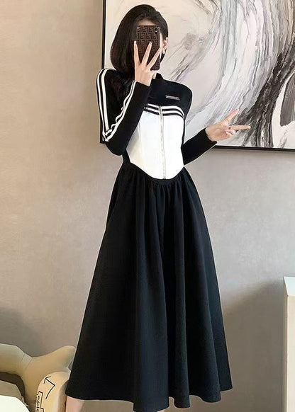 Italian Black Wrinkled Patchwork False Two Pieces Cotton Dress Spring