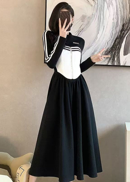 Italienisches schwarzes, knitteriges Patchwork-Kleid aus Baumwolle, zweiteilig, Frühlingskleid