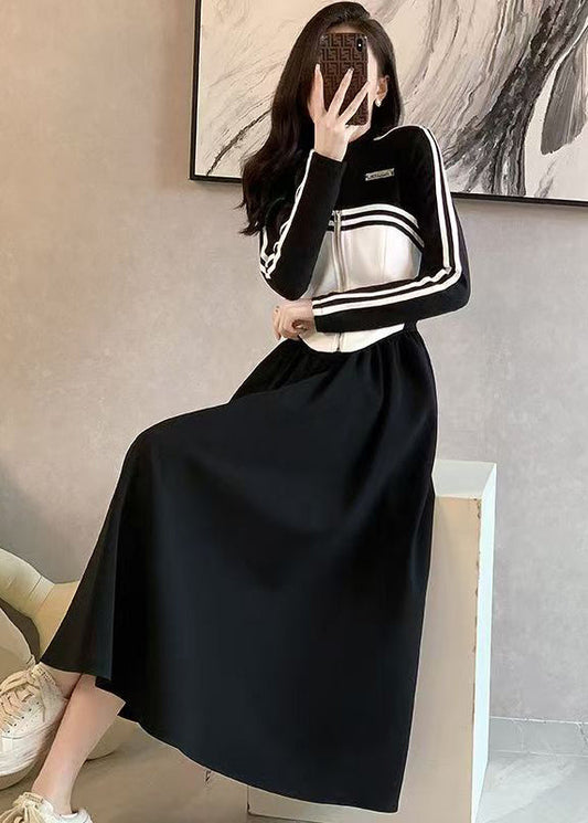 Italienisches schwarzes, knitteriges Patchwork-Kleid aus Baumwolle, zweiteilig, Frühlingskleid