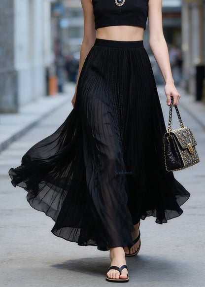 Italian Black Wrinkled Patchwork High Waist Chiffon Skirt Summer