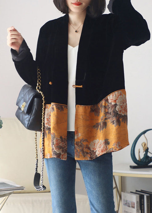 Italienische Schwarz taste V-ausschnitt druck Patchwork Seide Mäntel