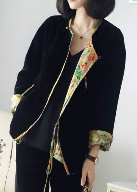Italienisches schwarzes Retro-Print Patchwork-Velours-Herbst-Langarm-Shirt-Top
