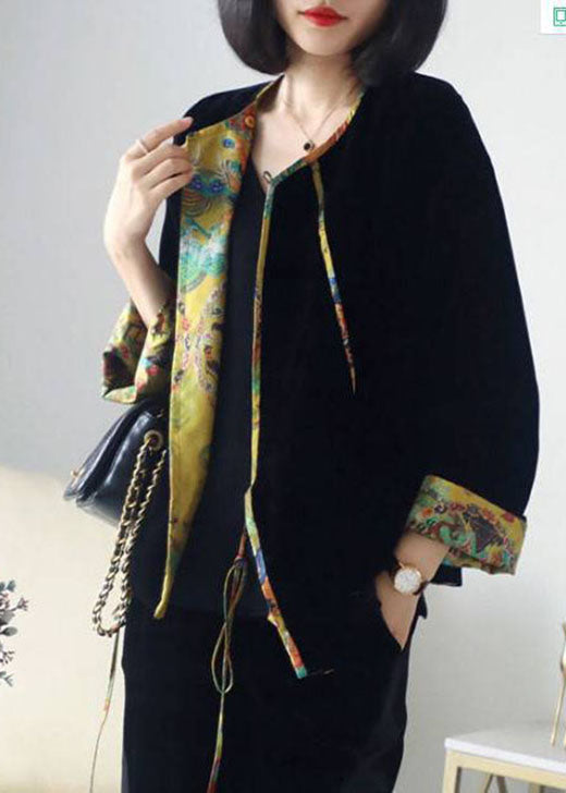 Italienisches schwarzes Retro-Print Patchwork-Velours-Herbst-Langarm-Shirt-Top