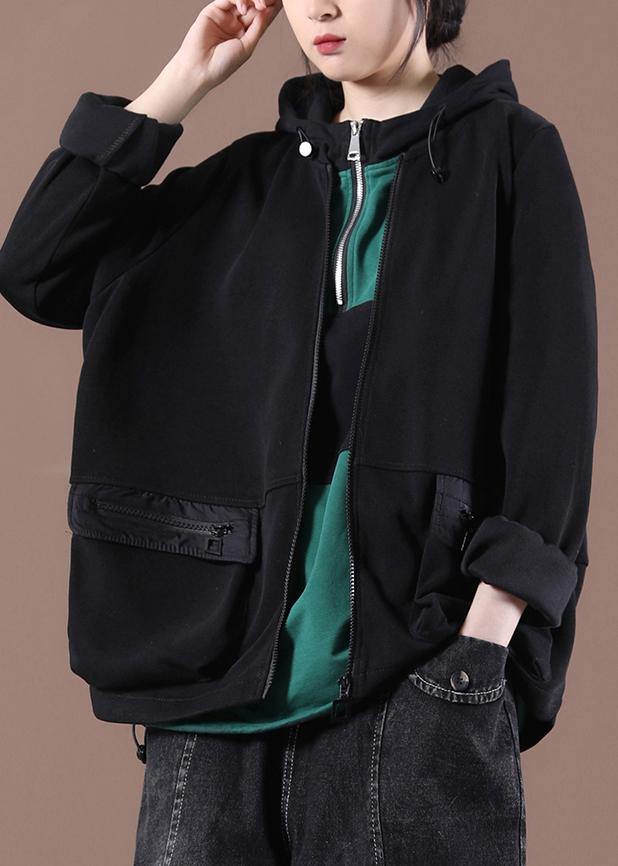 Italian Black zippered Hooded Coat Spring - SooLinen