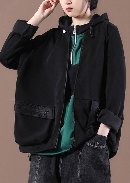Italian Black zippered Hooded Coat Spring - SooLinen