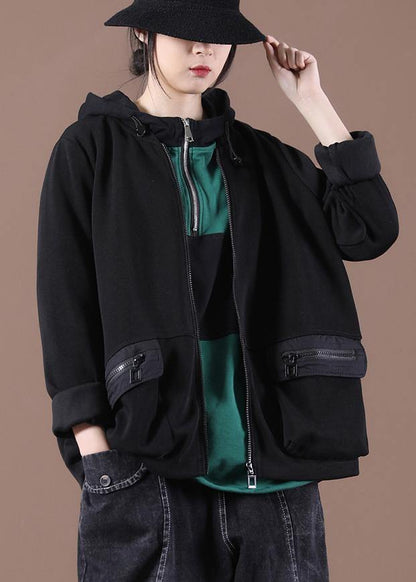 Italian Black zippered Hooded Coat Spring - SooLinen