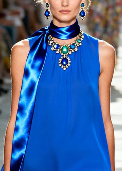 Italian Blue Asymmetrical Design Chiffon Mid Dresses Sleeveless