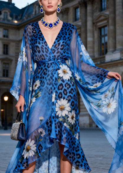 Italian Blue Asymmetrical Design Print Chiffon Vacation Dresses Summer