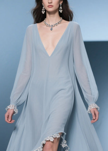 Italian Blue Asymmetrical Lace Chiffon Long Dresses Lantern Sleeve