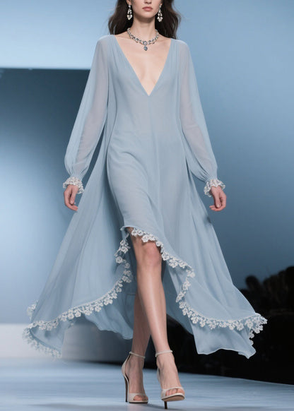 Italian Blue Asymmetrical Lace Chiffon Long Dresses Lantern Sleeve