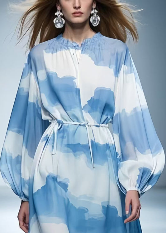 Italian Blue Asymmetrical Patchwork Print Chiffon Holiday Dress Summer