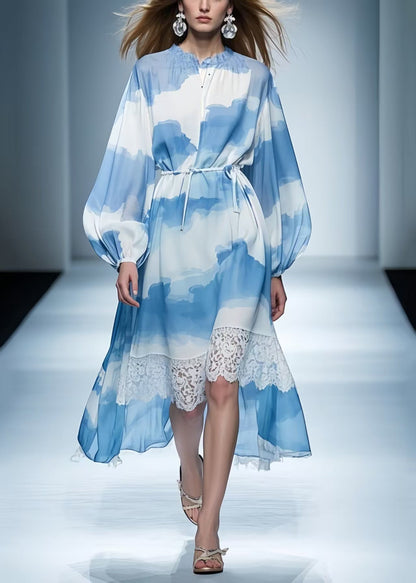 Italian Blue Asymmetrical Patchwork Print Chiffon Holiday Dress Summer