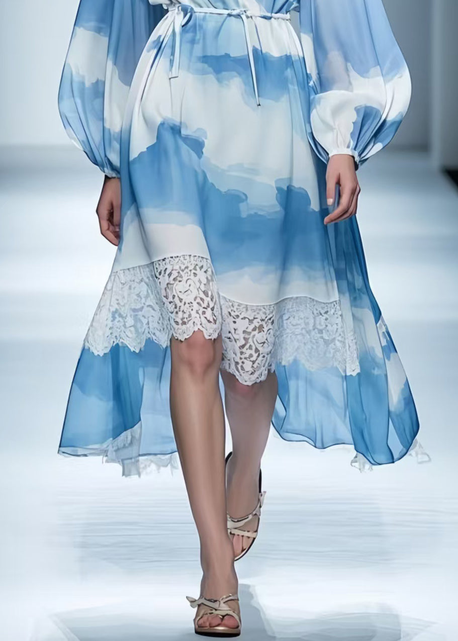 Italian Blue Asymmetrical Patchwork Print Chiffon Holiday Dress Summer