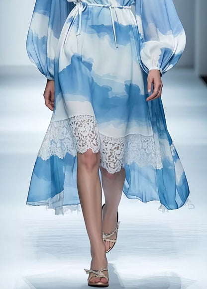 Italian Blue Asymmetrical Patchwork Print Chiffon Holiday Dress Summer