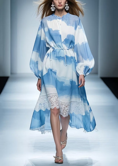 Italian Blue Asymmetrical Patchwork Print Chiffon Holiday Dress Summer