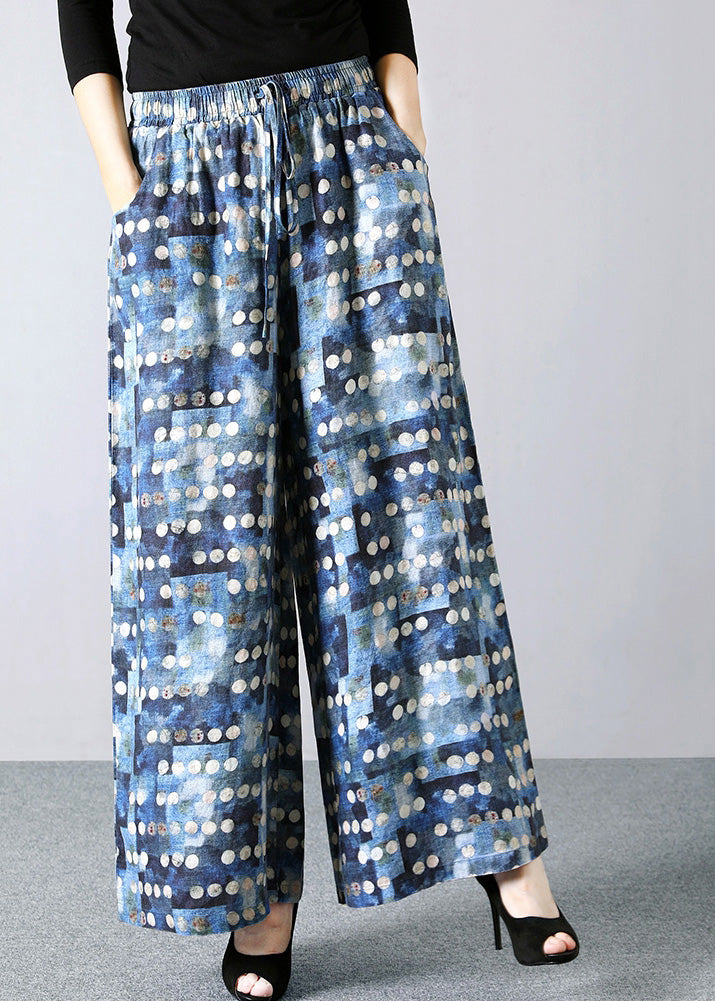 Pantalones rectos de lino con cintura elástica y lazo en la cintura con estampado de lunares azules italianos para verano