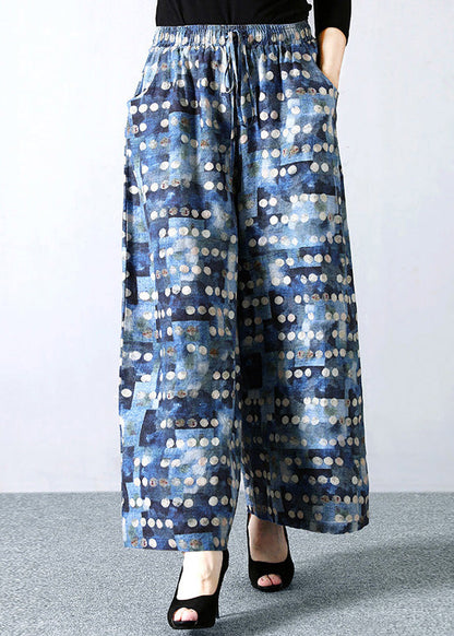 Pantalones rectos de lino con cintura elástica y lazo en la cintura con estampado de lunares azules italianos para verano