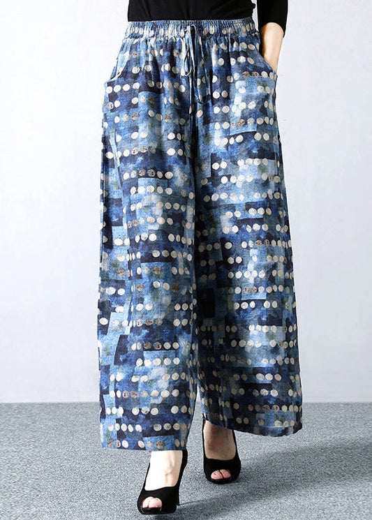 Pantalones rectos de lino con cintura elástica y lazo en la cintura con estampado de lunares azules italianos para verano