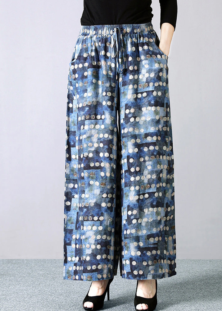 Pantalones rectos de lino con cintura elástica y lazo en la cintura con estampado de lunares azules italianos para verano
