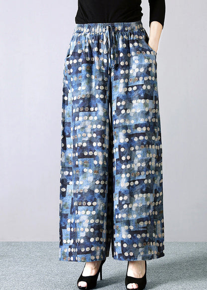 Pantalones rectos de lino con cintura elástica y lazo en la cintura con estampado de lunares azules italianos para verano