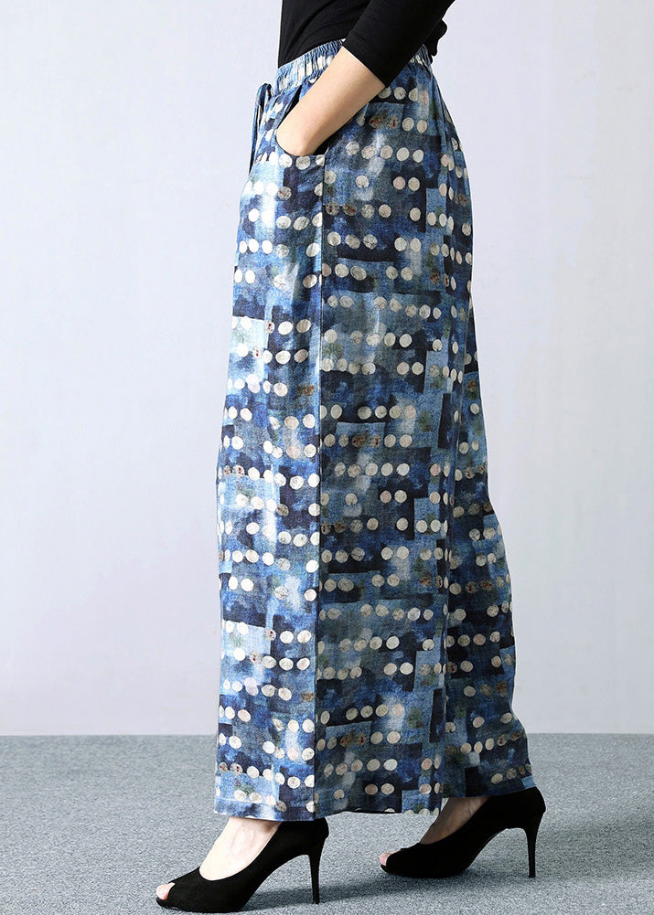Pantalones rectos de lino con cintura elástica y lazo en la cintura con estampado de lunares azules italianos para verano