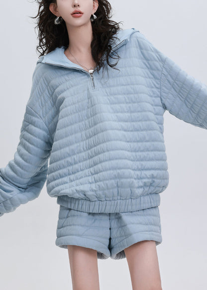 Italienisches zweiteiliges Set mit Kapuze, blau, gestreift, aus feiner Baumwolle, gefüllt, für den Winter