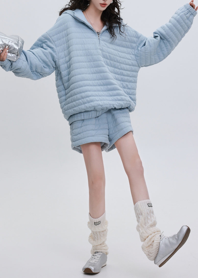 Italienisches zweiteiliges Set mit Kapuze, blau, gestreift, aus feiner Baumwolle, gefüllt, für den Winter