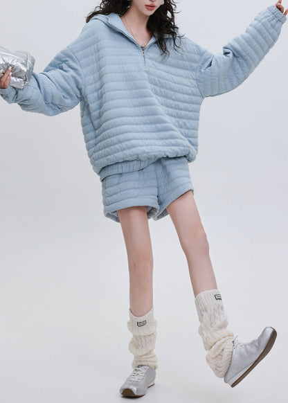 Italienisches zweiteiliges Set mit Kapuze, blau, gestreift, aus feiner Baumwolle, gefüllt, für den Winter