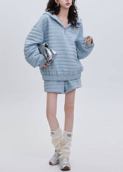 Italienisches zweiteiliges Set mit Kapuze, blau, gestreift, aus feiner Baumwolle, gefüllt, für den Winter