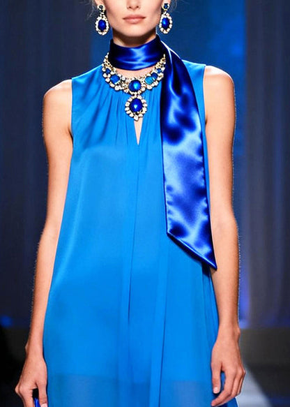 Italian Blue Low High Design Draping Chiffon Long Dress Summer