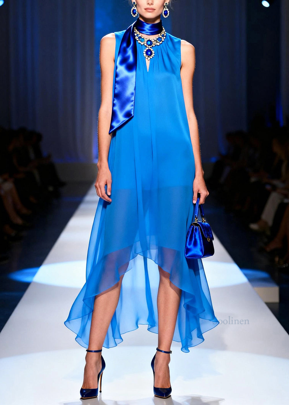 Italian Blue Low High Design Draping Chiffon Long Dress Summer
