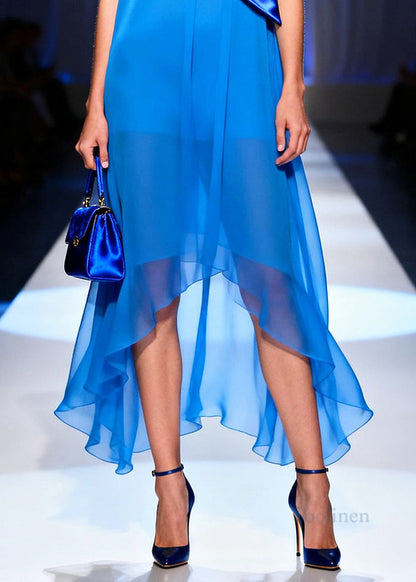 Italian Blue Low High Design Draping Chiffon Long Dress Summer