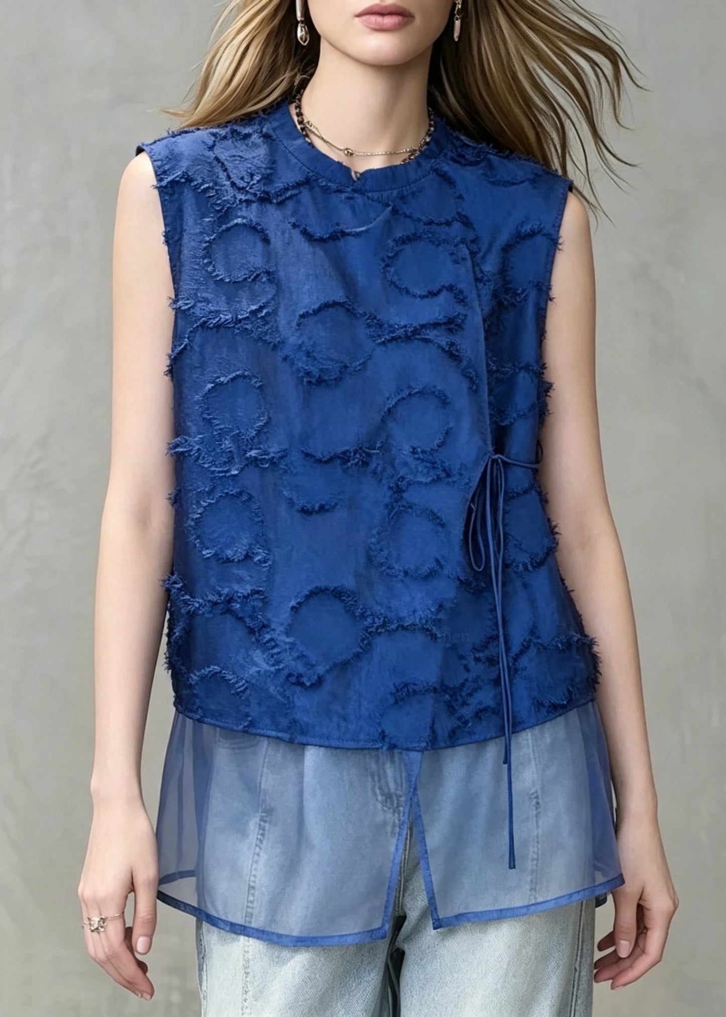 Italian Blue O-Neck Patchwork Tulle Tank Tops Sleeveless